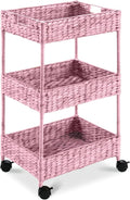 Best Choice Products 3-Tier Water Hyacinth Rolling Nursery Caddy w/Wheels, Utility Cart, Storage Organization for Bathroom, Craft Room, Laundry Room - Pink