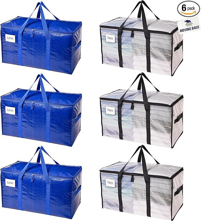 RUGGED RHINO 6 Pack Heavy Duty Extra Large Moving Bags, Durable Bag Strong Handles and Zipper, Moving Boxes Alternative for College Packing, Holiday Décor, Space Saving Storage with Label, Blue/Clear