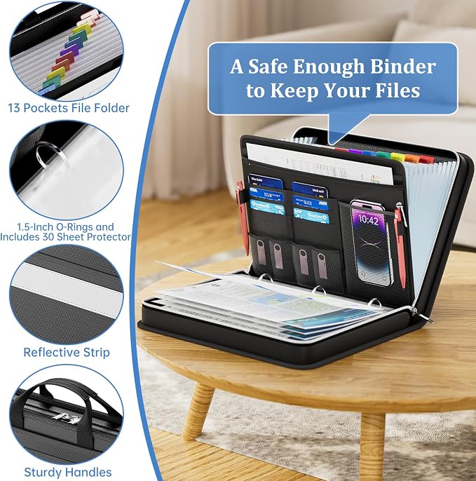 DocSafe File Organizer Zipper Binder with 30 Sheet Protector,Fireproof Accordion 12-Tab Expanding File Folder with Multiple Pockets,Home School Office Safe Storage for Documents,1.5-Inch O-Ring,Black