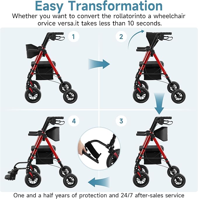 Walkers for Seniors, 2 in 1 Rollator Wheelchairs Combo 10" Big Wheels Walker with Seat, Rollator Transport Chair with Brakes Folding Rolling Walker for Adults, Red