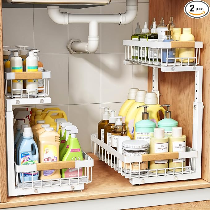 PXRACK Under Sink Organizer, Adjustable Height, 2 Tier Pull Out Under Cabinet Organizer, Slide Out Thickened Metal Under Sink Storage for Kitchen Bathroom Laundry Pantry Cabinet, White, Small-2-Pack