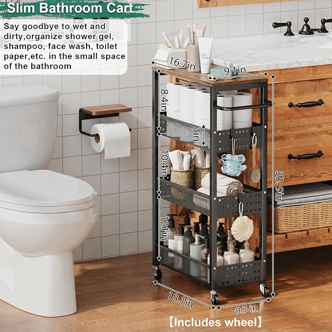 Utility Slim Storage Cart, 4-Tier Narrow Bathroom Organizer and Storage Cart, Metal Narrow Kitchen Laundry Room Organization Rack with Wood Top, Slim Rolling Shelf with Wheels for Small Space