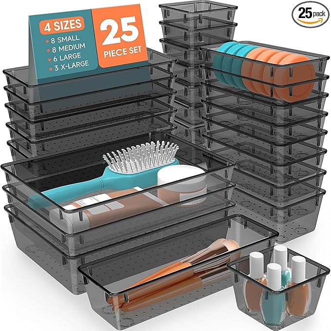 SpaceHacks 25 PCS Plastic Drawer Organizer Set, 4-Size Versatile Organizer Trays & storage Bins for Makeup, Jewelry, and Gadgets in Bathroom, Bedroom and Office,Clear Black