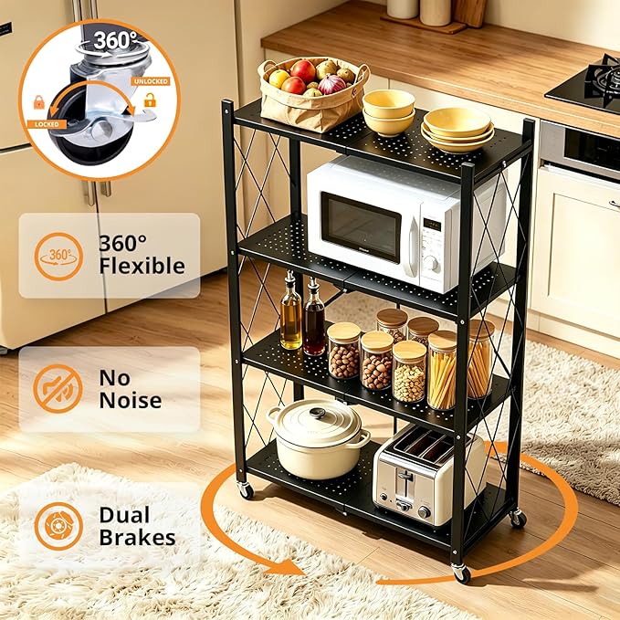 COKIHOM 4 Tier Foldable Storage Shelf, Large Capacity Metal Shelf Rack, Rolling Bookshelf with Wheels, Wire Shelf Organizer for Kitchen, Pantry, Office, Garage, Basement, Black