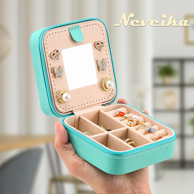 Neveika Jewelry Box with Mirror,Small Jewelry Organizer Box，Travel Jewelry Case for Women，Gift Jewelry Boxes for Female Girls (4pcs mirror blue)