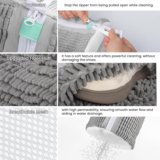2Pcs Shoe Washing Machine Bag, Sneaker Laundry Bag for Washing Machine, Extra Long and Thick Microfibre Fluff, Reusable for Washer and Dryer (2pcs, Gray-white)