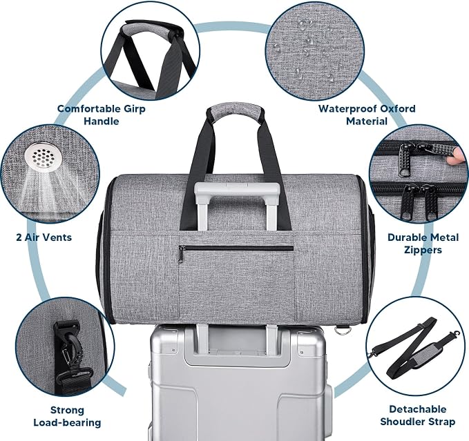 Vessgra Garment Bags for Travel,Convertible Garment Bag with Shoulder Strap, 4 in 1 Suit Bag Travel with Shoes Foldable 58L Garment Bags for Men Women Garment Duffel Bags for Hanging Clothes,Grey