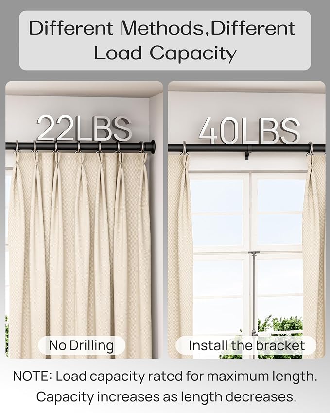Tension Curtain Rod By EZFurni,123-160 Inches, Heavy Duty Tension Rod,Adjustable Curtain Rods No Drilling & Easy Assemble Extra Long Tension Rod, Black
