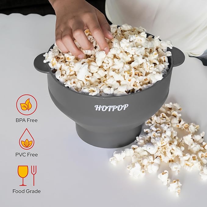 The Original Hotpop Microwave Popcorn Popper, Silicone Popcorn Maker, Collapsible Bowl BPA-Free and Dishwasher Safe- 20 Colors Available (Gray) (Pack of 2)