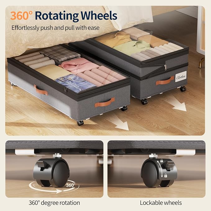 Yecaye 90L Under Bed Storage with Wheels, 8 in-11 in Height Adjustable Under Bed Storage Containers, Under Bed Shoe Storage with Lids & Label, Rolling Underbed Storage bins for Clothes, Toys, Grey