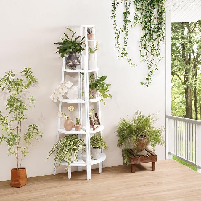 Yoobure 5‑Tier Corner Shelf – Sturdy Metal Frame & Wood Ladder Bookshelf, Space‑Saving Display Shelves for Plants & Books, Easy Assembly, for Bedroom, Living Room, Office, Balcony