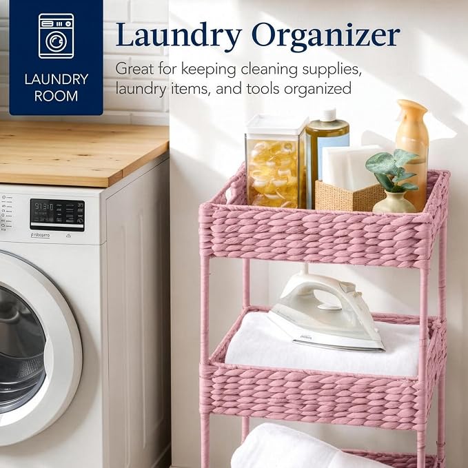 Best Choice Products 3-Tier Water Hyacinth Rolling Nursery Caddy w/Wheels, Utility Cart, Storage Organization for Bathroom, Craft Room, Laundry Room - Pink