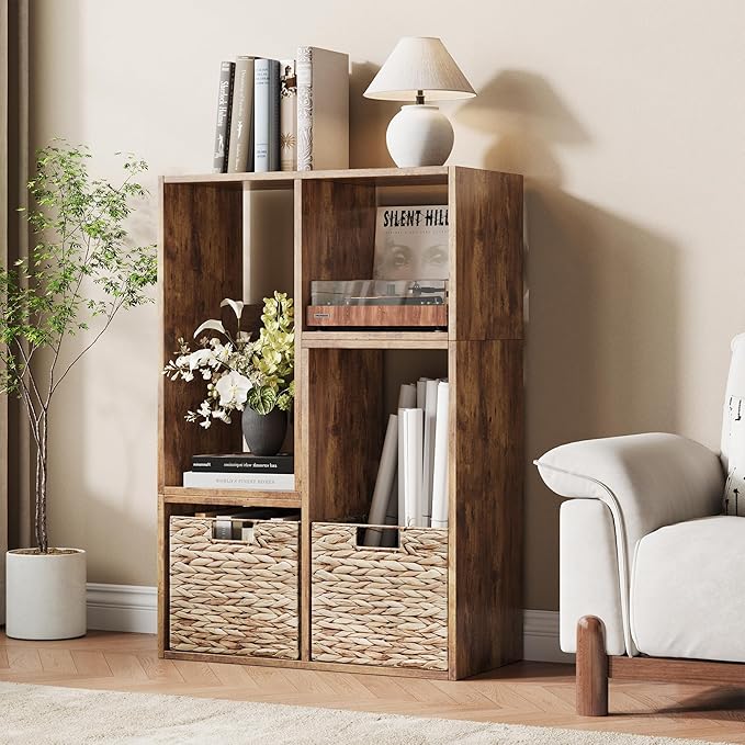 MapleGrace 6 Cube Storage Organizer, Wooden Storage Shelves Bookcase with Back Panels, Stackable Display Bookshelf Includes 2 Wicker Baskets for Living Room, Bedroom, Study, Hallway, Rustic Brown