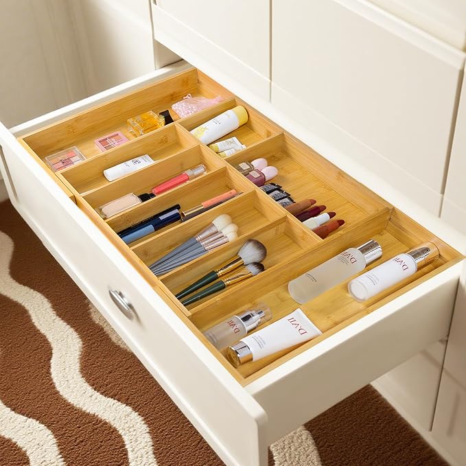 Utoplike Extra Large Kitchen Drawer Organizer, Solid Bamboo Silverware Tray | Expandable Drawers Organizer Holder for Utensils, Cutlery, Silverware, Flatware and Spatulas, with Non-slip Pads, 7-9 Slots