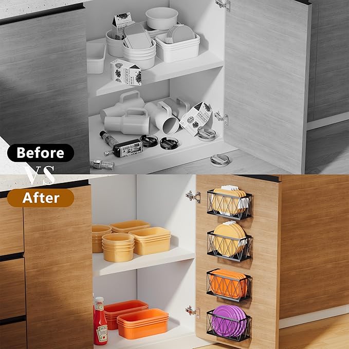 4 Pack Cabinet Door Organizer, Adhesive Inside Cabinet Door Storage for Kitchen Bathroom, Lid Organizer Compatible with Tupperware Pyrex, Wall Mounted Basket for Pantry Under Sink, Black