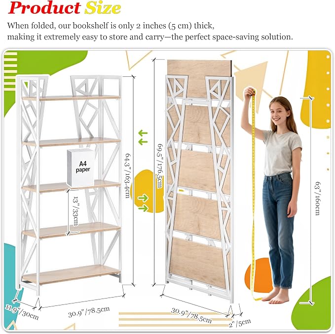 UDD No Assembly Wide Folding Bookshelf, 64.3" H x 30.9" W, 5 Tier Foldable Book Shelf Industrial Bookcase, Vintage Collapsible Storage Shelves for Home Office Living Room Bedroom, Light Oak White