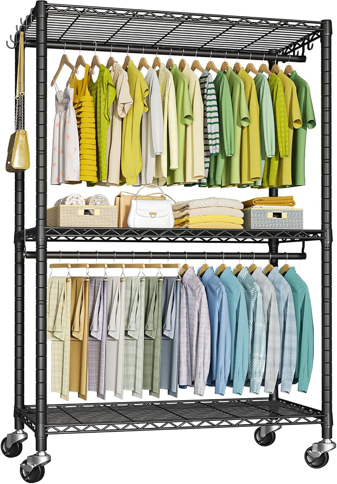 FUTASSI P3 Plus Rolling Clothes Rack, Clothing Racks for Hanging Clothes, Heavy Duty Garment Rack with Wheels, Freestanding Portable Closet Racks 45" W x 14" D x 78.5" H, Max Load 480 LBS, Black