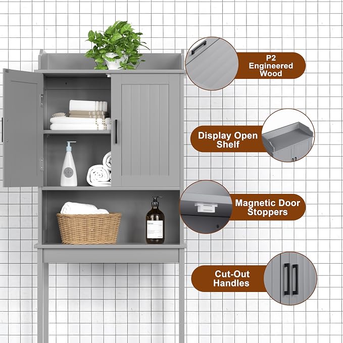 Yardenaler Over-The-Toilet Storage Shelf with Doors, Bathroom Freestanding Organizer Space Saver with Adjustable Shelf, Gray