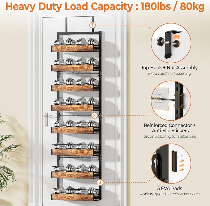 8-Tier Black Metal Back of Door Organizer and Storage for Kitchen Home | Over-Door Pantry Organizer Spice Rack Back of Door Organizer and Storage with Anti-drop Rod & Adjustable Basket