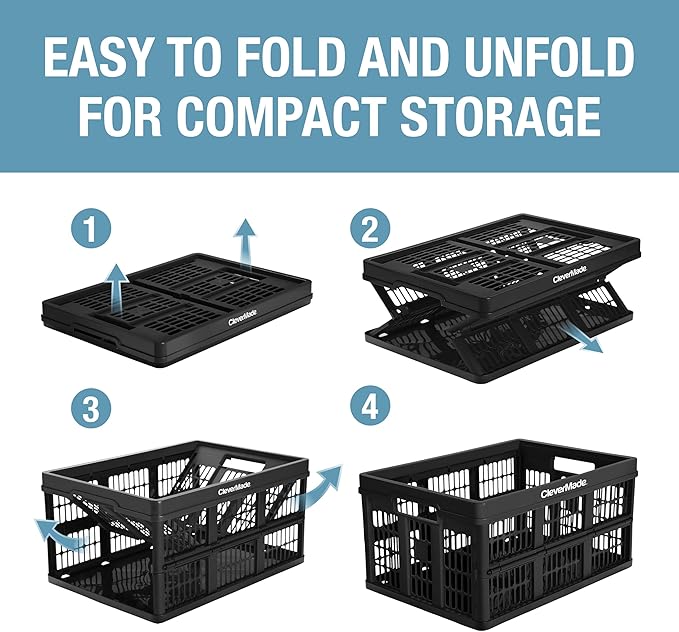 CleverMade Collapsible Utility Crates 45L (3 Pack) – Foldable Plastic Crates with Heavy Duty 66 lb Capacity, Collapsible Crates for Storage, Trunk Organization, Moving - Obsidian