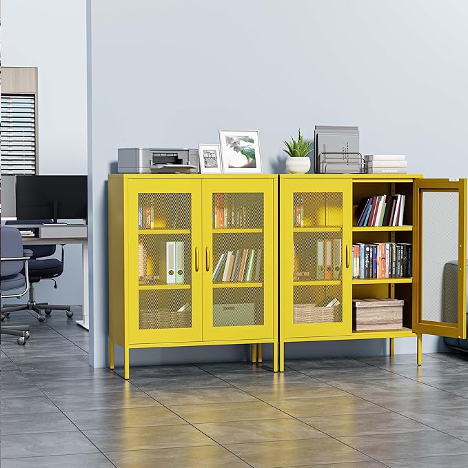 Washsemba Metal Storage Cabinet with Mesh Doors,Steel Display Cabinet with Adjustable Shelves,Metal Office Storage Locker for Home Office,Garage(Yellow, 40''H)