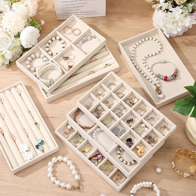 Highergo 8 Pcs Velvet Jewelry Trays Stackable Drawers Organizer Ring Earring Bracelet Necklace Storage Trays, 8.3x4.7x1''(Mixed Style)