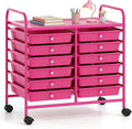 COSTWAY 12-Drawer Rolling Storage Cart, Utility Storage Organizer Cart | For Tools, Scrapbook, Paper, Craft, Multipurpose Art Supply Organizer on Wheels for Home Office School, Teacher, Hot Pink