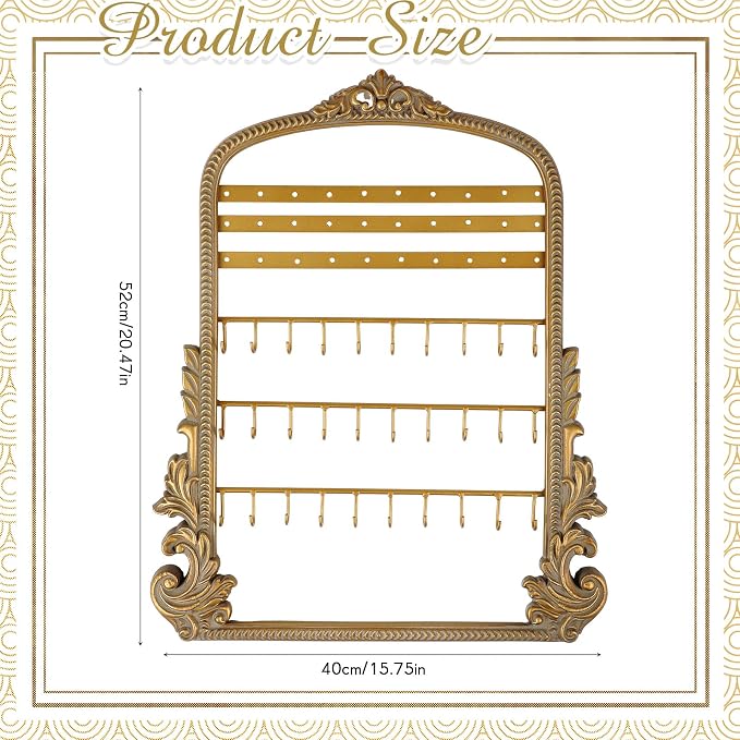 Wonderjune 20 x 15in Large Hanging Jewelry Organizer, Vintage Gold Arched Frame Earring Holder for Necklaces Rings Bracelets, Wall Mount Decorative Jewelry Rack for Vendors