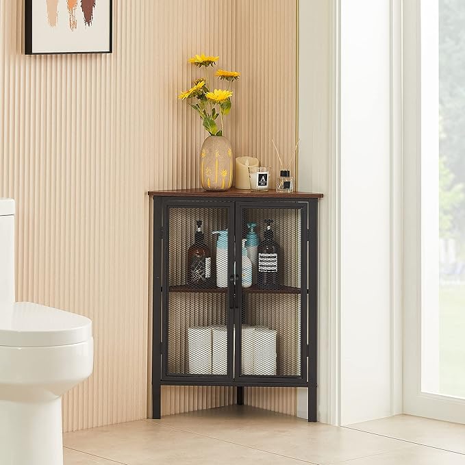 VECELO Corner Cabinet/Table, 3-Tier Display Shelves with Protection Door, Metal Frame Storage Shelf Organizer for Small Space, Living Room, Kitchen, Bathroom