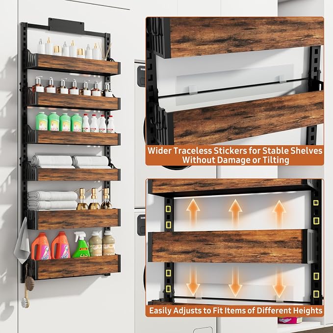 Over the Door Pantry Organizer: Storage and Pantry Organization with Hanging Basket - 6-Tier Metal Spice Rack Adjustable Shelves for Kitchen Laundry Room Bedroom & Bathroom Black