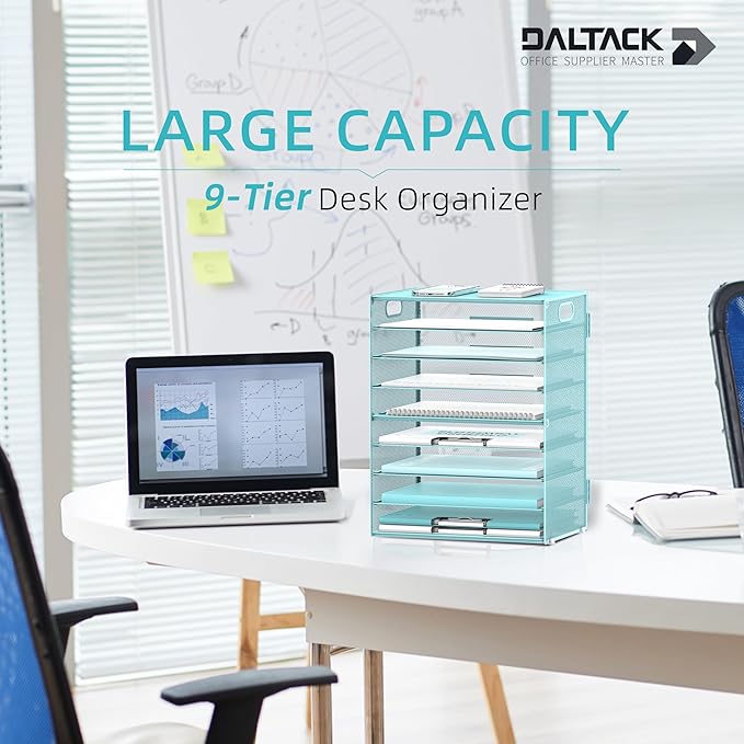 DALTACK 9-Tier Paper Organizer for Desk, Mesh Letter Tray Desk Organizer with Handles, Space-Saving File Organizer for Office Home School, Blue 2 Pack