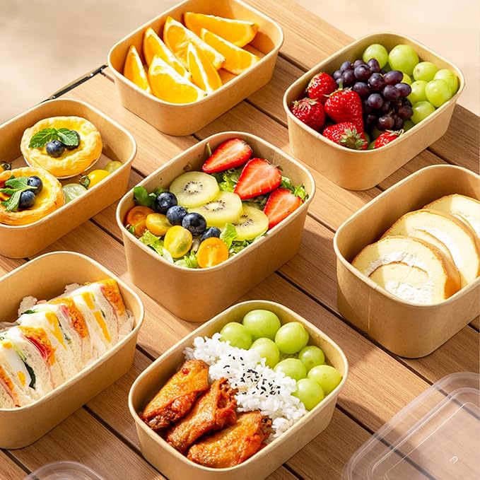 50-Pack 29oz Disposable Kraft Paper Bowls【with Lids and Forks】,Meal Prep Containers Disposable Deli Containers Disposable Soccer Party Food Trays Take Out Containers, Microwave Safe for Hot/Cold Food