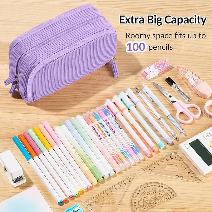 Sooez Big Capacity Pencil Case Pen Pouch, Soft Corduroy Pencil Bag with 3 Compartment, Multiple Pockets, Sturdy Zipper, Cute School Supplies Pen Bag Organizer For Teen Girls College, Purple
