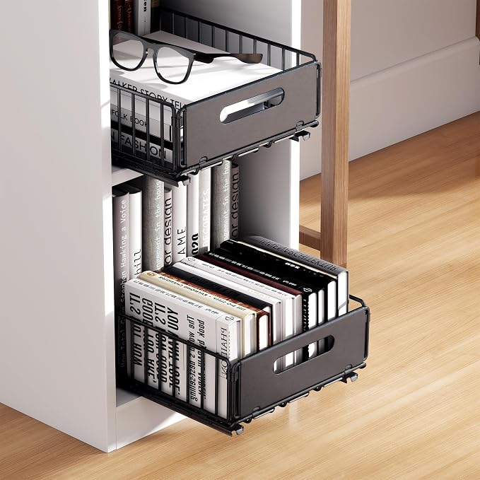 Pull out Cabinet Organizer Fixed with Adhesive Nano Film,Heavy Duty Slide out Pantry Shelves Drawer Storage,Sliding Mesh Cabinet Basket for Kitchen, Bathroom,Home, 9.65"W X14.76"D X7.48"H, pack of 2