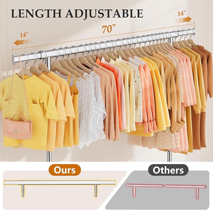 Gewudraw Clothes Rack Heavy Duty 630 LBS Capacity-Rolling Clothing Rack | Clothing Rack with Wheels,Shelf, Collapsible/Adjustable Height/Extendable, Portable Garment Rack For Wardrobe, Bedroom,Chrome