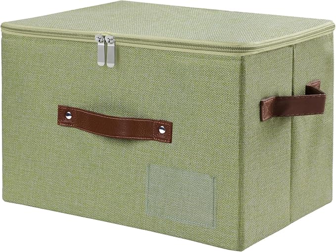 ANMINY Fabric Storage Box Bins with Zipper Lid, Washable Green | Cotton Linen Fabric, PP Board Frame, Label Holder, Stackable & Foldable, PU Handles, Dual-Zipper 3-Side Open Lid, Medium