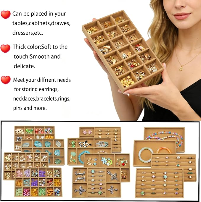 12 Set Jewelry Trays Organizer Stackable Jewelry Display Case Storage Box for Earring Necklace Rings Bracelet Watch, Brown