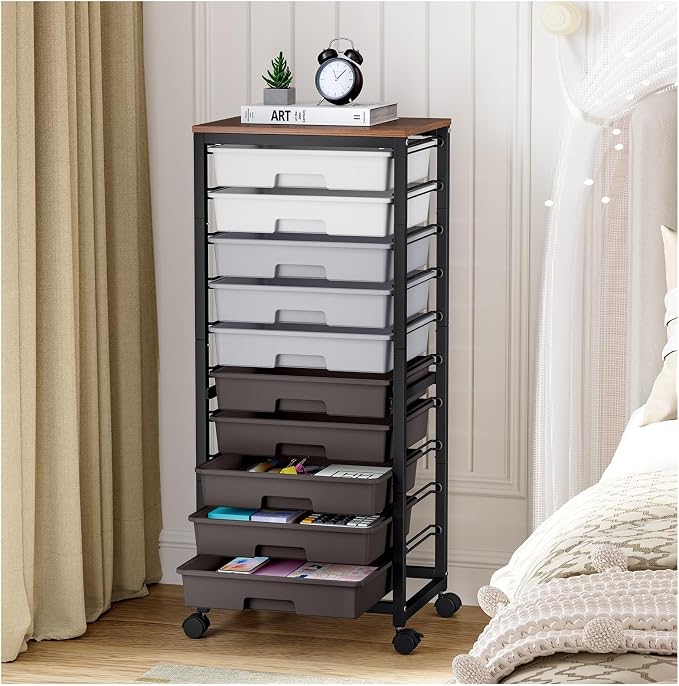 SYKIARIOL Rolling Cart with Drawers,10 Drawer Rolling Cart,Storage Cart,Utility Cart,Teacher Cart for Classroom Storage,Craft Cart with Wheels and Wooden Tabletop,Grey