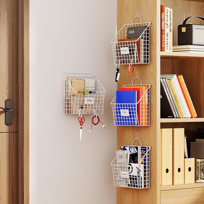 Yuzehuaza Wall File Organizer Metal Hanging File Organizer,Wall Mount File Holder, Magazine Rack and Mail Holder with Hooks for Home Office, 4 Packs, White(Patent Pending)