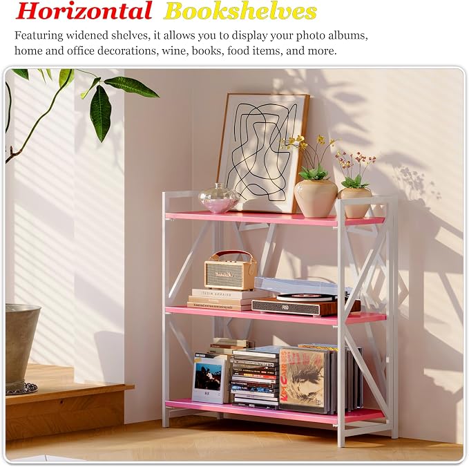 UDD No Assembly Wide Folding Bookshelf, 34" H x 30.9" W, 3 Tier Foldable Book Shelf Industrial Bookcase, Vintage Collapsible Storage Shelves for Home Office Living Room Bedroom, Pink White