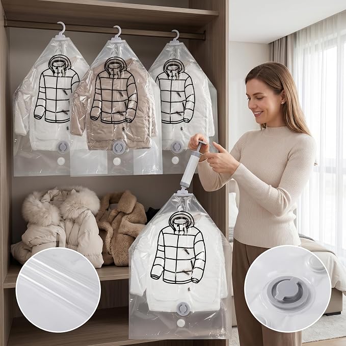 6PCS Vacuum Bags for Clothes, Thick Transparent Hanging Vacuum Storage Bags with Hangers for Suits, Dress, Jackets