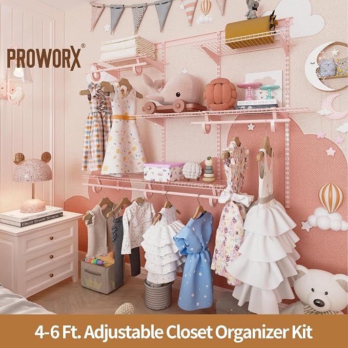PROWORX 4-6 Ft. Expandable Closet Organizer System, Pink Custom Metal Wire Closet Shelving, Organizers and Storage Shelves Wall Mounted with Hanging Rods