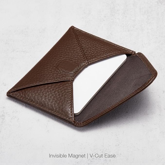 HISCOW Italian Pebbled Leather Business Card Holder, Minimalist Full Grain Envelope Card Case with Hidden Magnetic Closure, 0.19 Inch Slim Front Pocket Wallet for Men and Women, Chocolate