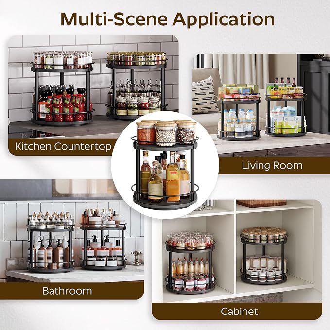 YATINEY Spice Rack, Set of 2 Lazy Susan Organizer, 2-Tier Turntable Organizer, Rotating Spice Rack Organizer For Cabinet, Compact and Versatile, for Kitchen Countertop, Rustic Brown SR22L2BR