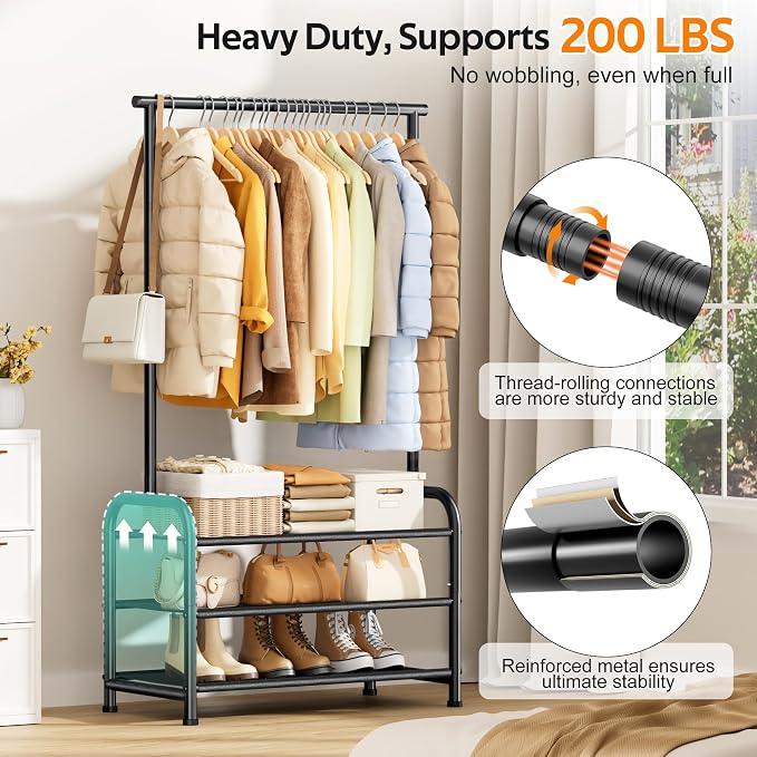 MISSLO Sturdy Clothing Racks for Hanging Clothes with 3 Shelves Garment Rack Heavy Duty Clothes Rack with Shoe Storage for Coats, Garment, Dress, Black