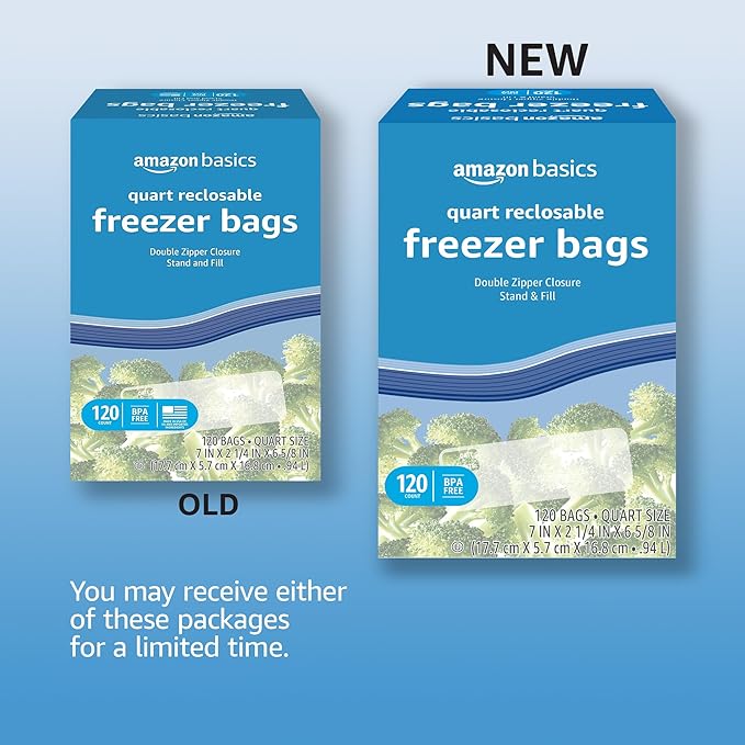 Amazon Basics Reclosable Freezer Quart Food Storage Bags with Zipper Seal, BPA Free, Stand and Fill, Airtight, 120 Count (Previously Solimo)