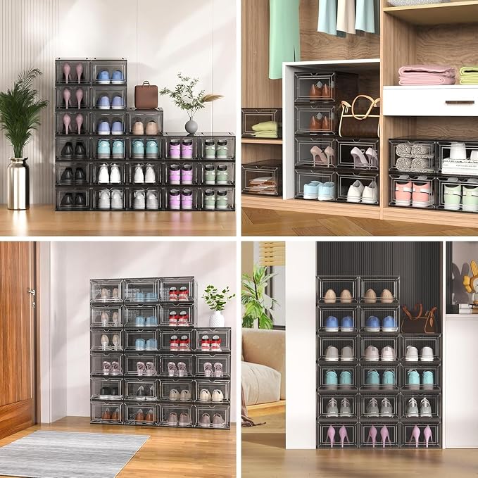 10 Pack Thickened Clear Stackable Shoe Organizer Storage Boxes with Magnetic Door, Sneaker Display Cases for Closet, Entryway & Under Bed Storage, Space Saving Shoe Storage Solution, Gray