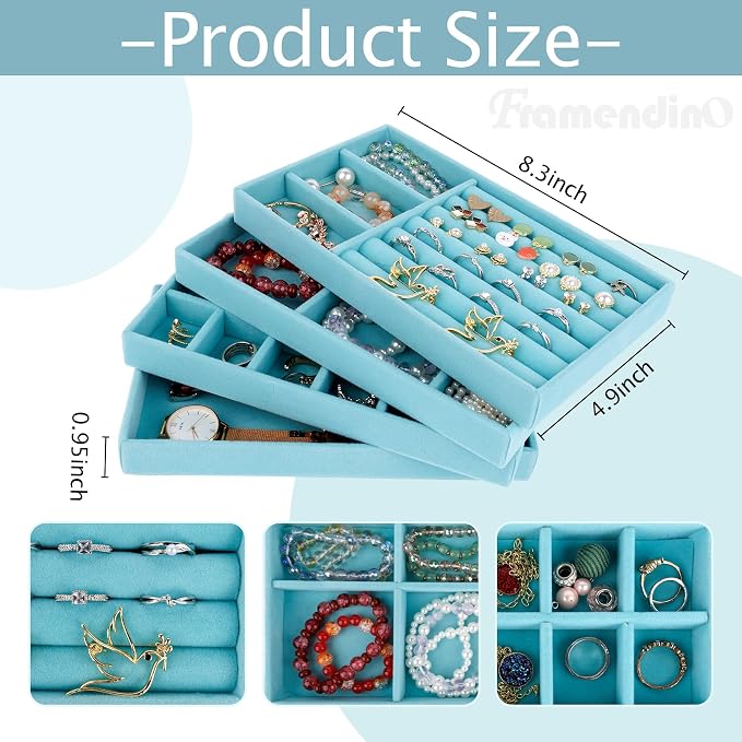 Framendino, 4 Pack Blue Velvet Jewelry Trays Stackable Organizer Drawer Inserts Container Display Case for Bracelets Necklaces