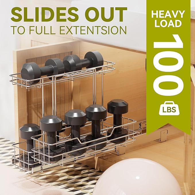 2 Tier Under Sink Organizer 11" W X18 D, Pull Out Cabinet Organizer One Removable Basket, Under Sink Slide Out Chrome Plated, Under Kitchen Bathroom Sink Organizer, 1 Pack