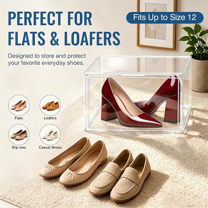 Low Profile Clear Shoe Storage Box for Flats,Loafers &Small Spaces | Space-saving 7.6-inch height fits under shelves &cabinets.Ideal for flats,loafers,slip-ons&compact living.1 Pack Fit Size 12